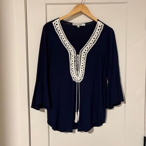 Navy Blue & White Crochet Lace Trim Bell Sleeve Top - Boho Beach Coastal Chic